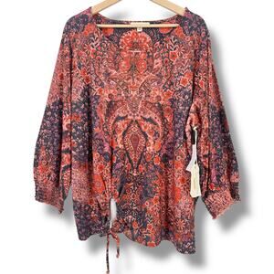 Farmers Market Deco Tie Waist Jacobean Floral Embellished Shirt Plus Size 3X